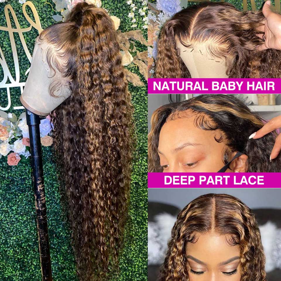 Peluca con frente de encaje de 30 x 34 pulgadas con mechas y efecto ombré, de cabello humano rizado, color rubio miel, con ondas profundas y alta definición, para mujeres de raza negra