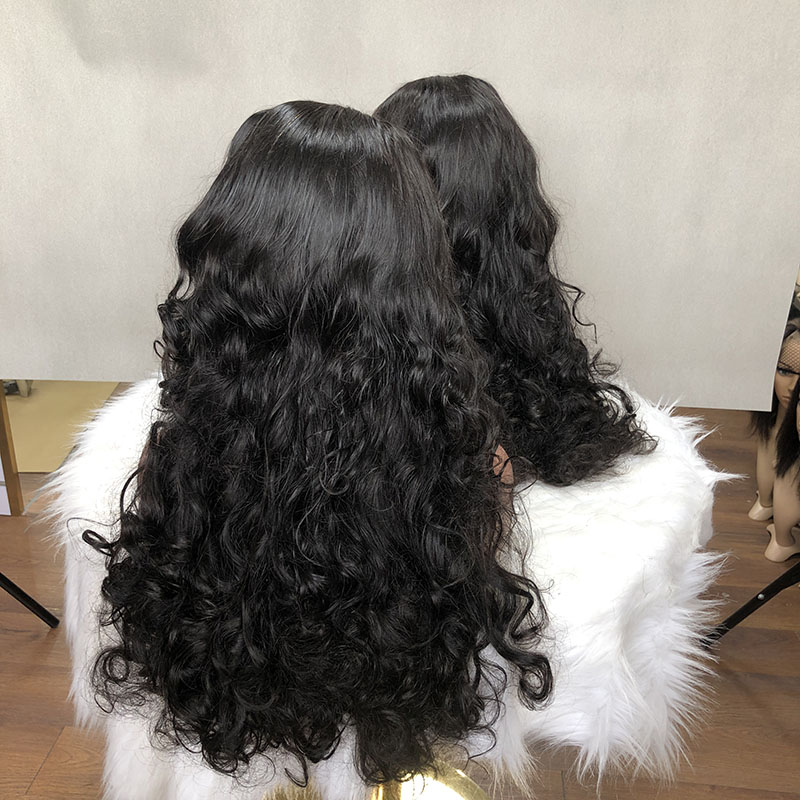 Popular Color Funmi Super Double Drawn Natural Color Bouncy Wave Lace Frontal Human Hair Wig Vendor Wholesale Virgin Human Hair