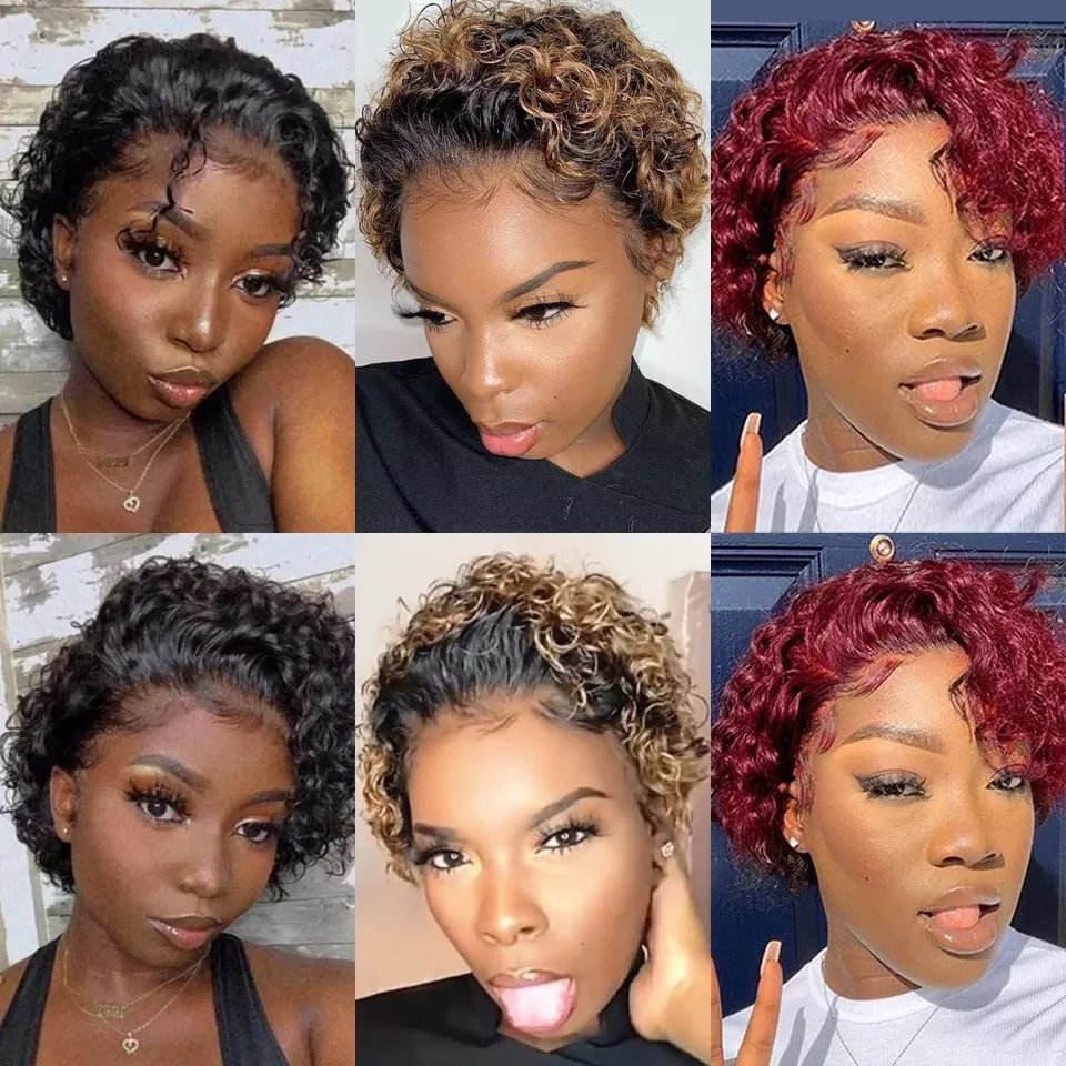 Pixie curly 13×1 Lace Frontal Wigs 100% Human Hair curly short cut wig For Black Women
