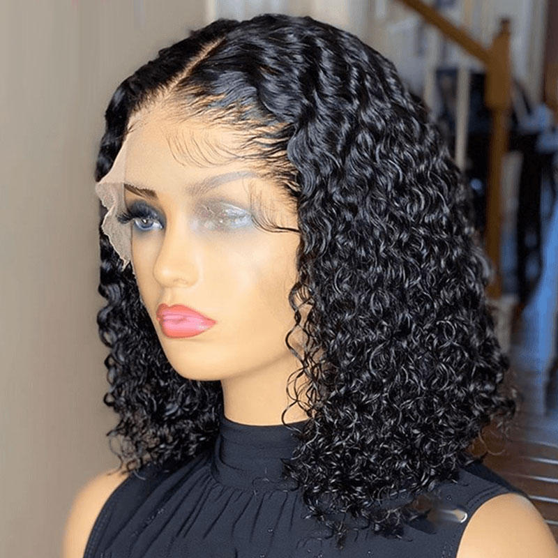 Perruque brésilienne courte bouclée et frisée pour femmes noires, couleur naturelle, cheveux vierges Remy, frange bouclée, perruque courte bouclée