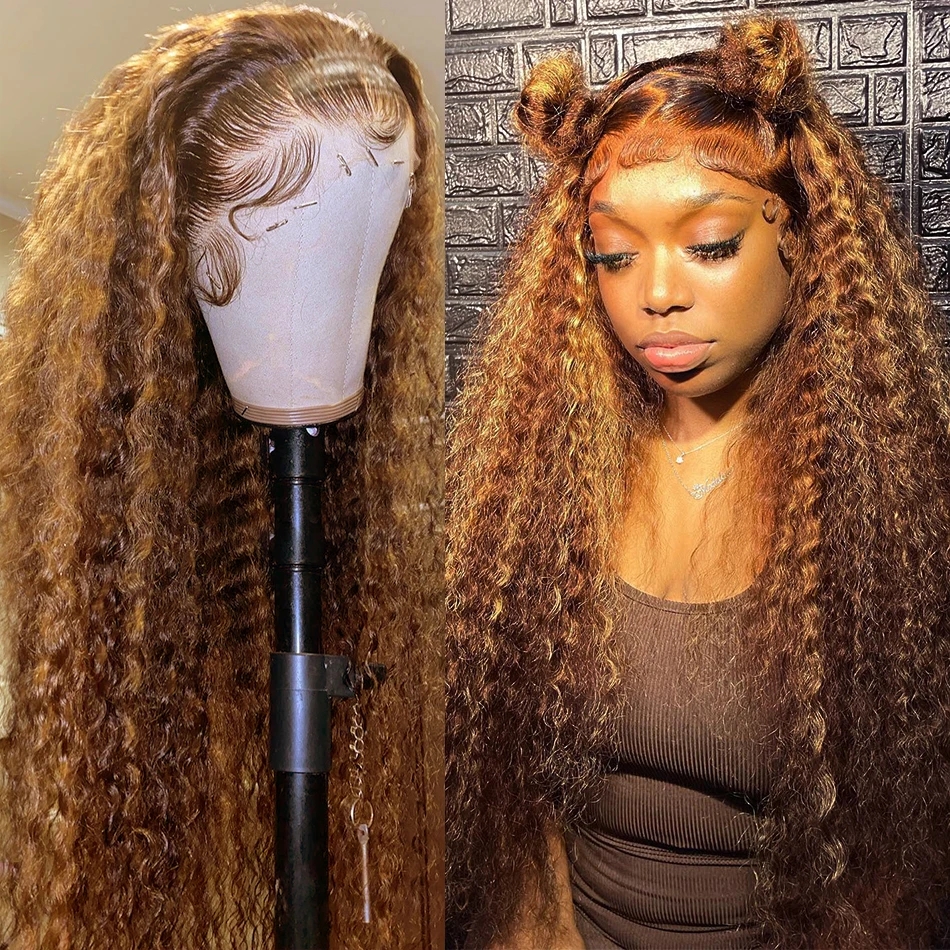 Peluca con frente de encaje de 30 x 34 pulgadas con mechas y efecto ombré, de cabello humano rizado, color rubio miel, con ondas profundas y alta definición, para mujeres de raza negra