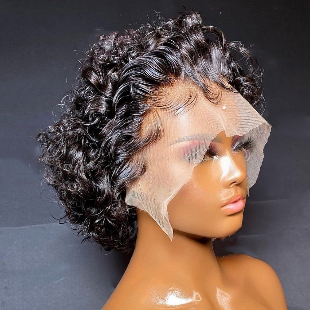 Pixie curly 13×1 Lace Frontal Wigs 100% Human Hair curly short cut wig For Black Women