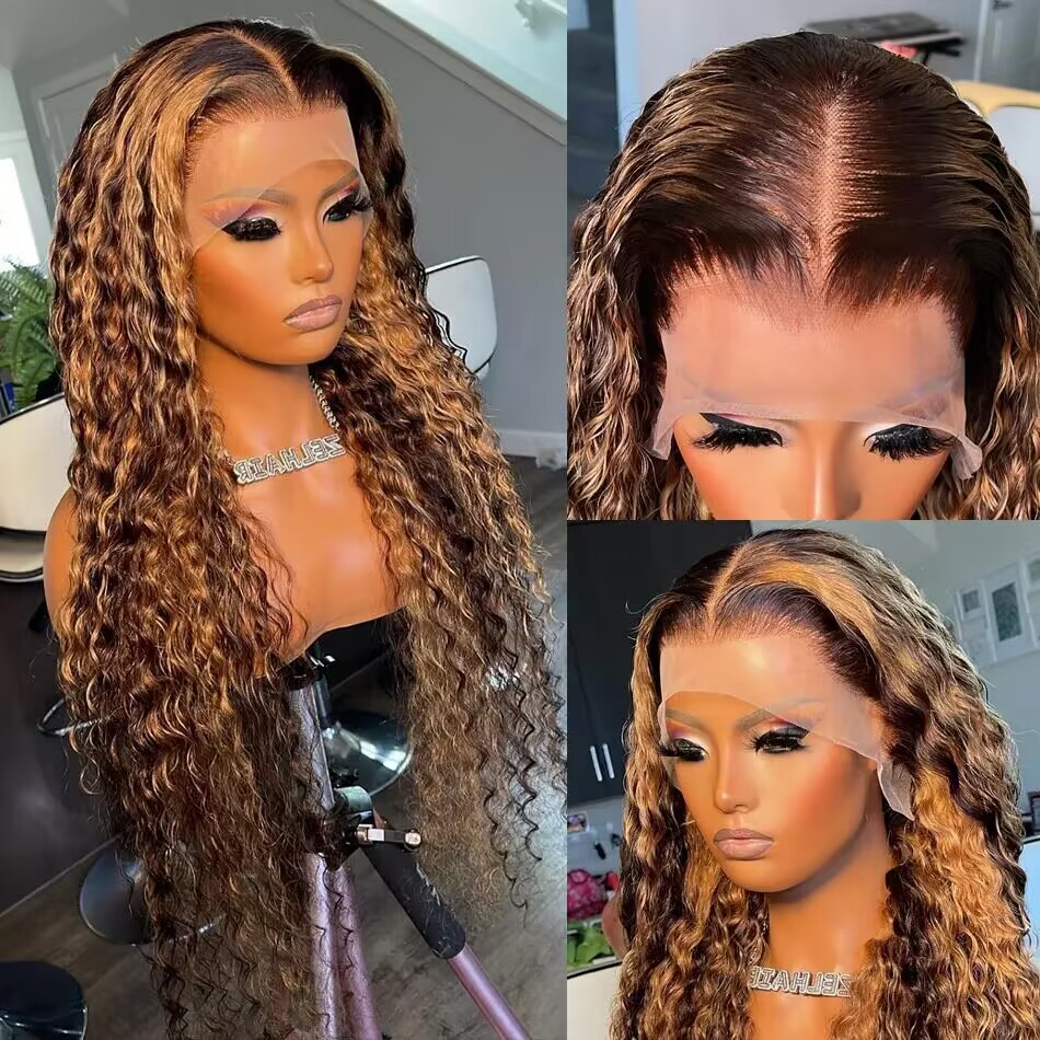 Peluca con frente de encaje de 30 x 34 pulgadas con mechas y efecto ombré, de cabello humano rizado, color rubio miel, con ondas profundas y alta definición, para mujeres de raza negra