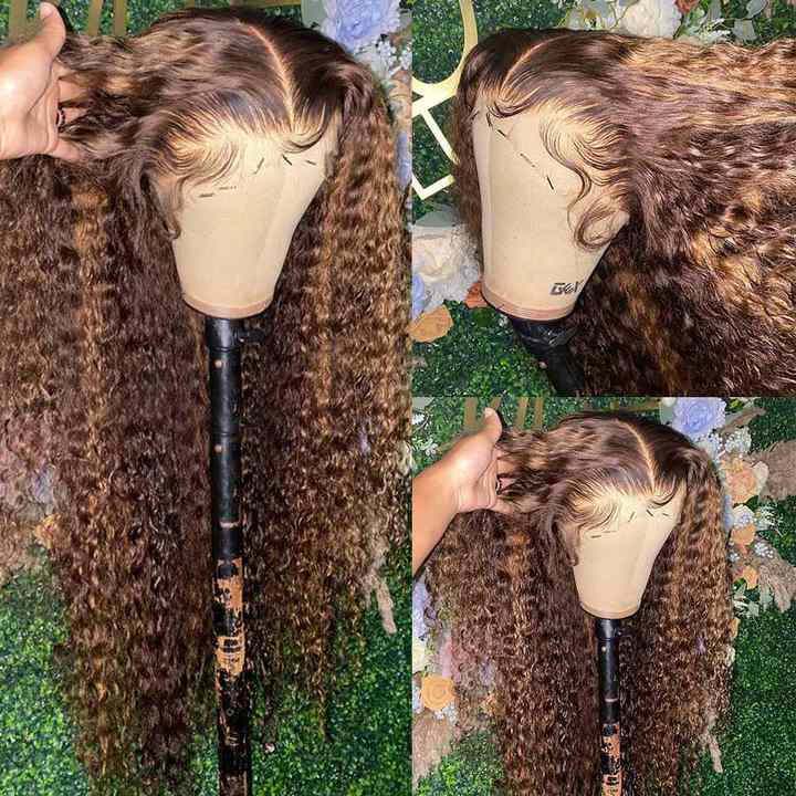 Peluca con frente de encaje de 30 x 34 pulgadas con mechas y efecto ombré, de cabello humano rizado, color rubio miel, con ondas profundas y alta definición, para mujeres de raza negra