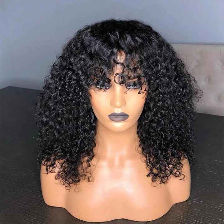 Perruque brésilienne courte bouclée et frisée pour femmes noires, couleur naturelle, cheveux vierges Remy, frange bouclée, perruque courte bouclée
