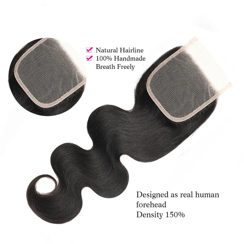 4×4/5×5 Free Part Body Wave Closure Black Color Brazilian Virgin Transparent Lace Human Hair Closure